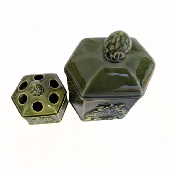 Vintage Green Japan Canister Counter Set of 2 Filigree Design Retro MCM - Picture 5 of 16